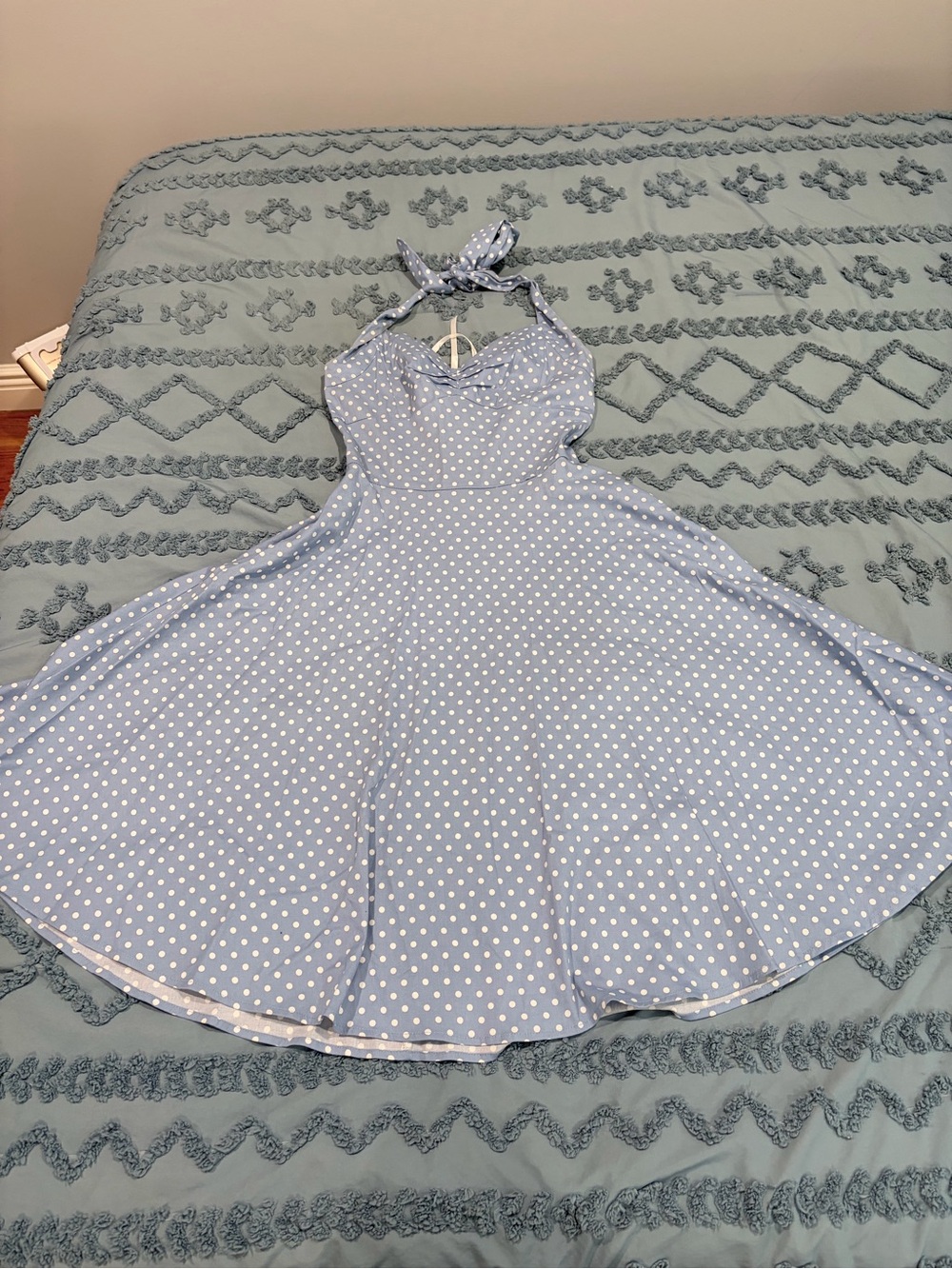 1950s Style Blue Polka Dot Halter Swing Dress Pin Up Rockabilly Retro Size Small - Picture 3 of 7